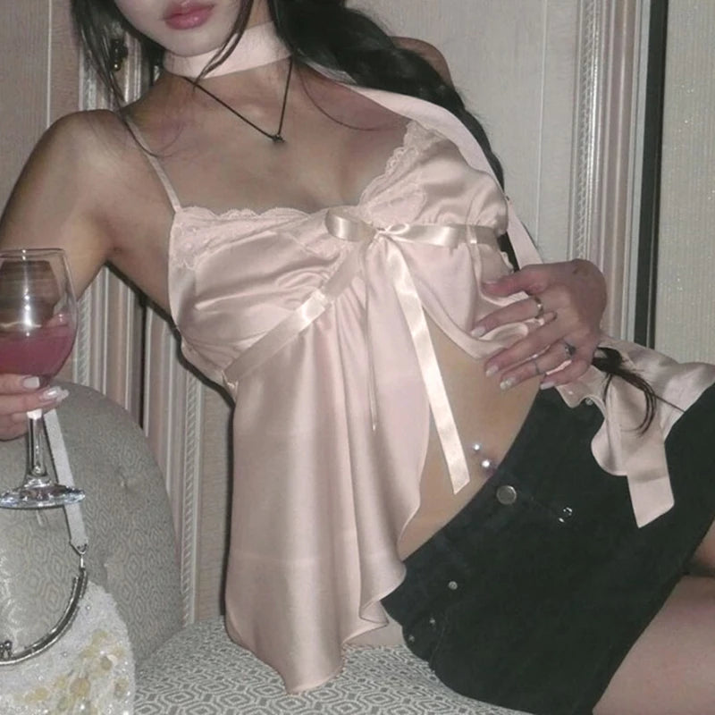 Hnewly Kawaii Bandage Lace Pink Camisole Women Sexy Sweet Patchwork Satin Crop Tops with Slit Summer y2k Vintage Tank Tops Cute