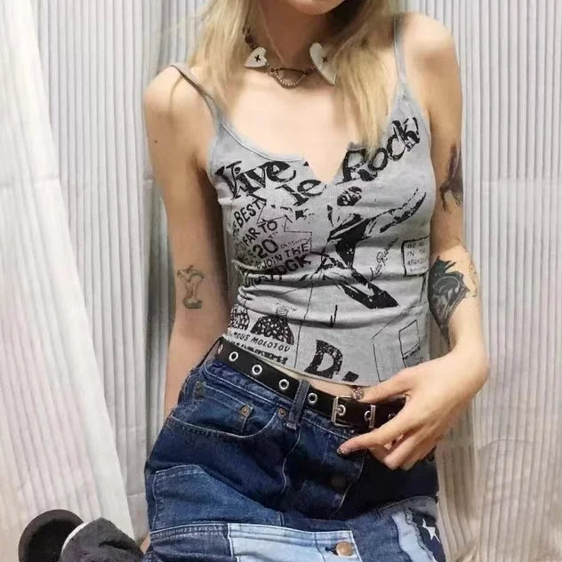 Hnewly  Y2k Street Punk Print White Camisole Vest for Women Fashion Sexy Slim Fit Tank Top 2025 Summer New Bottoming Tops Mujer