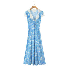 Lunivop  Women Retro French Style Blue Floral Print Spliced Lace V neck Short Sleeve Dress Summer Viscose Cotton Long Dresses Vestidos