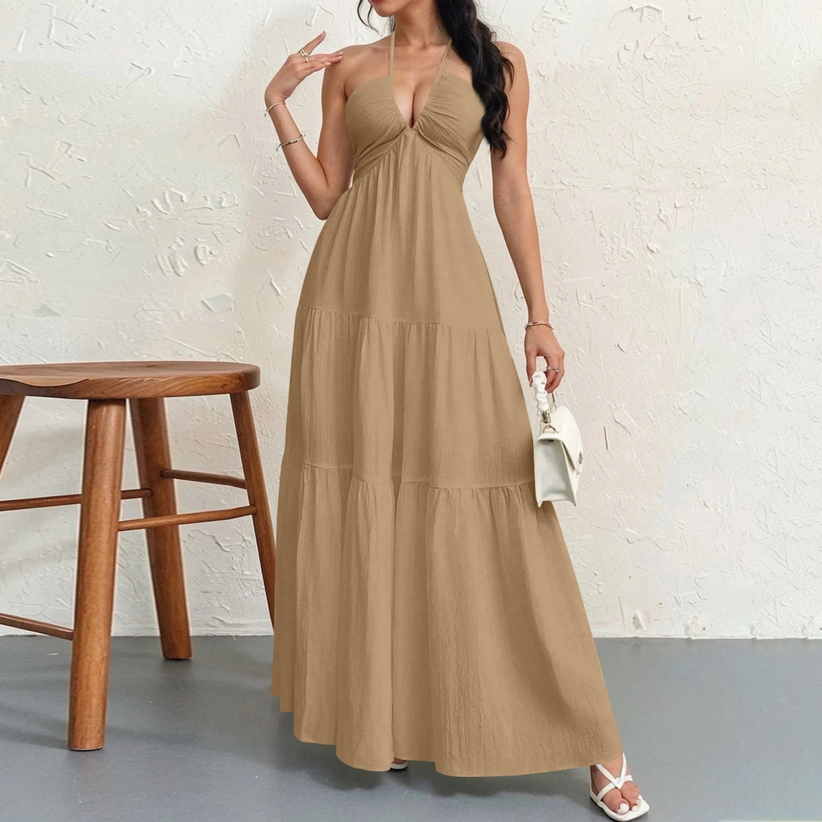 Hnewly  Ladies' Korean Style Temperment Sexy High Waist Maxi Sling Dress Chic Solid Color V-neck Beach Pleated Long A-line Skirt