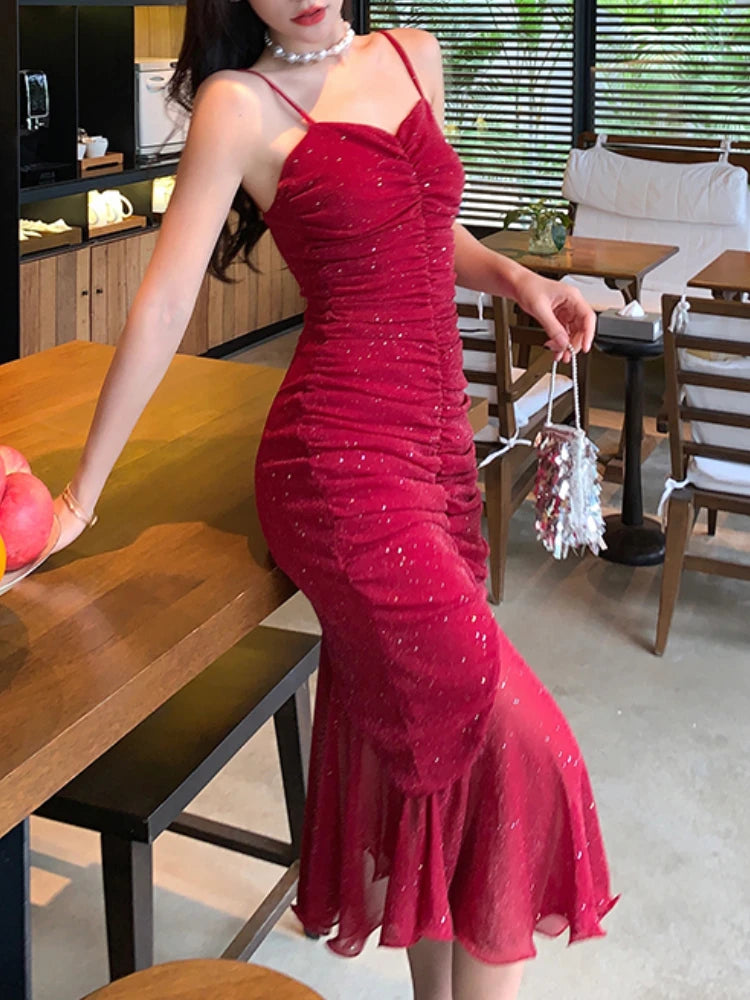 Hnewly NEW YEAR DRESS TO IMPRESS Women Sexy Spaghetti Strap Sleeveless Red Dress Female Backless Mermaid Midi Dresses Vestidos