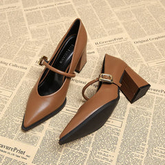 Hnewly  Designer Spring Pointed Toe Women Mary Jane Shoes Fashion Shallow Belt Buckle Shoes Elegant Thick Heel Dress Leather Shoes
