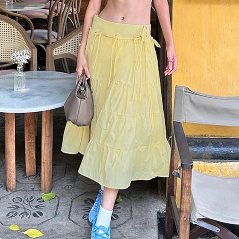 Hnewly Cute Fairycore Bow Stitching Skirt Summer Holiday Casual Loose A-line Long Skirts for Women y2k Aesthetic Ladies Clothing