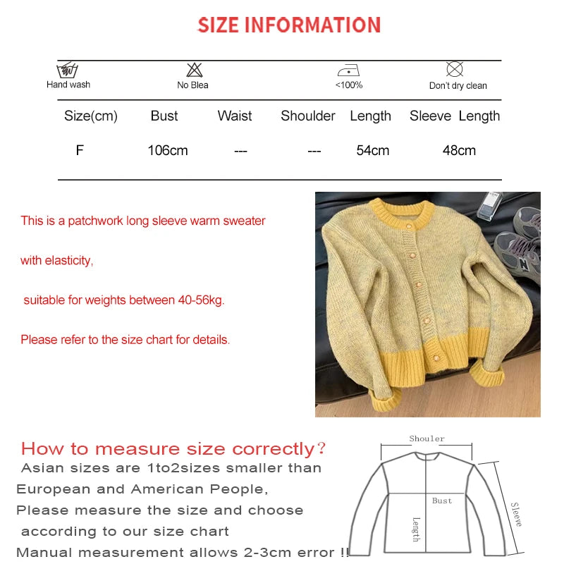 Hnewly Single-breasted Cardigan Long Sleeve Patchwork Knitted Sweater O-Neck Casual Warm Coat Office Outerwear Autumn Winter