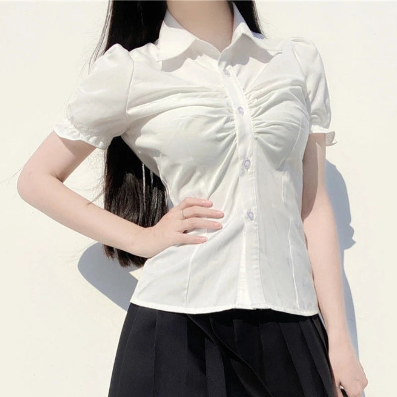 Hnewly Shirts Women Solid Preppy Simple Slim Summer Short Sleeve Chic Folds Leisure Female Korean Style All-match New Design Clothing