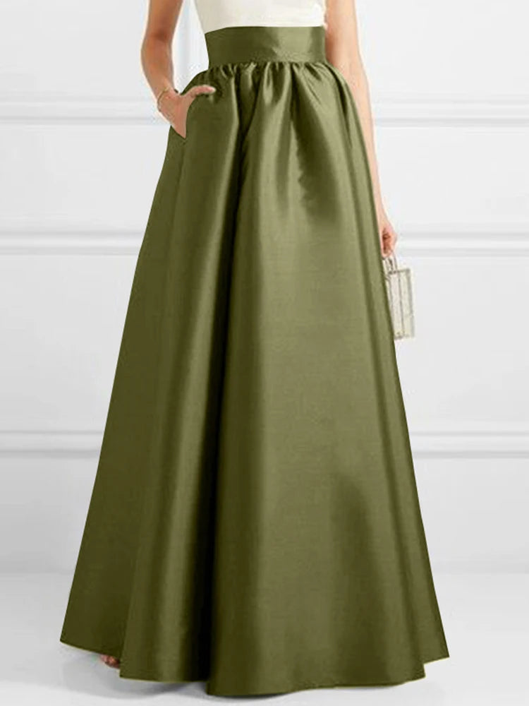Hnewly Bohemian Women Satin Silk Long Skirts Cotton Solid Elegant Loose Sundress Femme Elastic Waist Oversized Casual Dresses