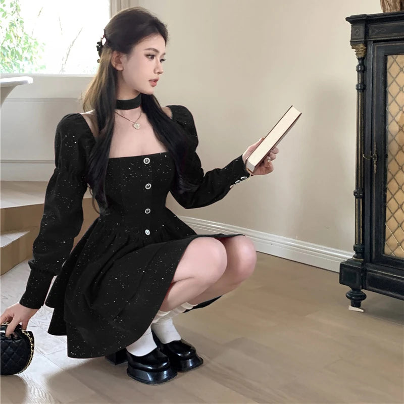 Hnewly NEW YEAR DRESS TO IMPRESS Long Sleeve Velvet Dress Women Princess Square Collar Autumn Buttons Ruffles Bling Design Fashion Temper Elegant Seductive New