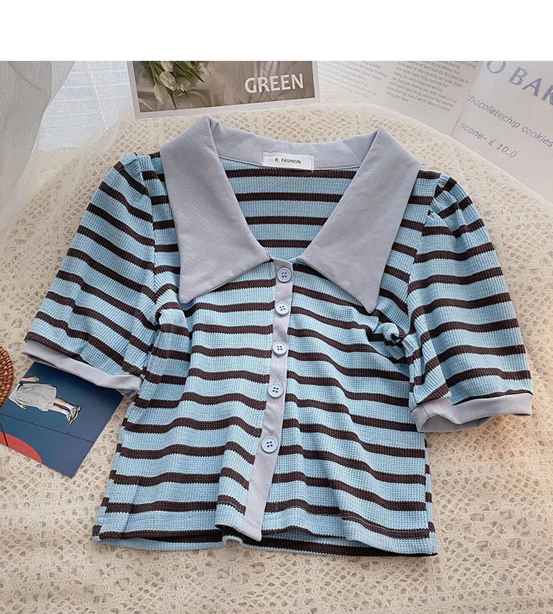 Hnewly Korean Contrast Stripe T-shirt Cardigan 2025 New Summer Women's Commuting Fashion Buttons Lapel Shirt Slim Versatile Top Trend