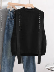 Hnewly  Elegant Bead Knitted Sweater Vest Women's Spring  Autumn Loose Versatile Comfortable Sleeveless Vest Casual Solid O-neck Top