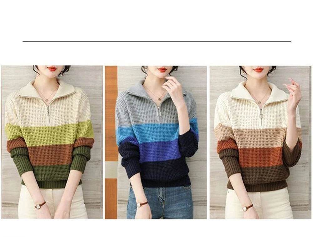Hnewly  Knitted Stripe Sweater Women's Lapel V-neck Autumn Winter 2025 New Contrast Color Versatile Knitwear Long Sleeve Pullover Tops