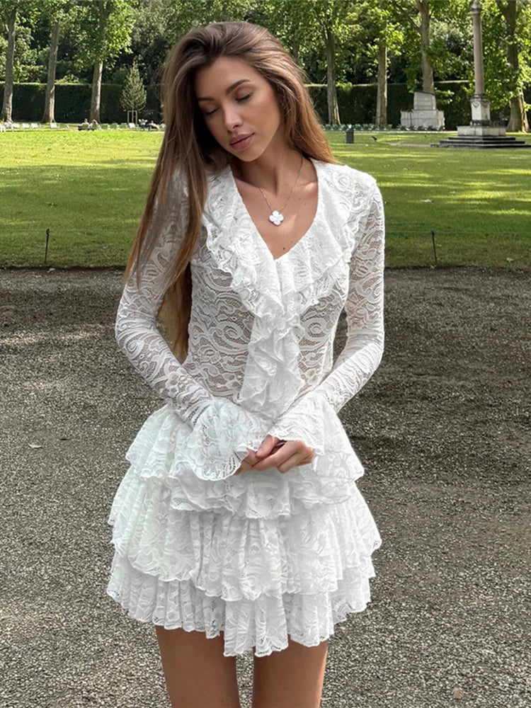 Hnewly  Romantic French Women 2 Piece Set Sexy Ruffle Emboridered Tops+Stacked Mini Skirts Female Summer Matching Street Outfits