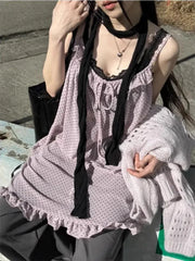 Hnewly  Harajuku Japanese Style Tank Tops Women Vintage Polka Dot Ruffle Sleeveless Mesh Dress Sexy See-through Layered Wear