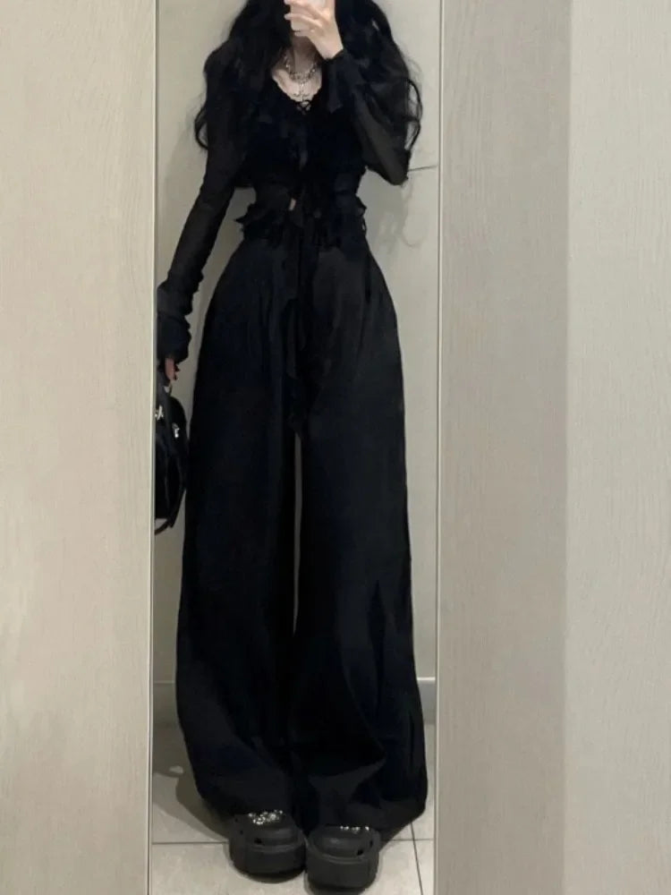Hnewly 2025 spring fashion trend Fashion V-neck Ruffles Black Long Sleeve Cardigan Mujer+ Y2k High Waist Loose Wide Leg Pants Summer New Two Piece Sets