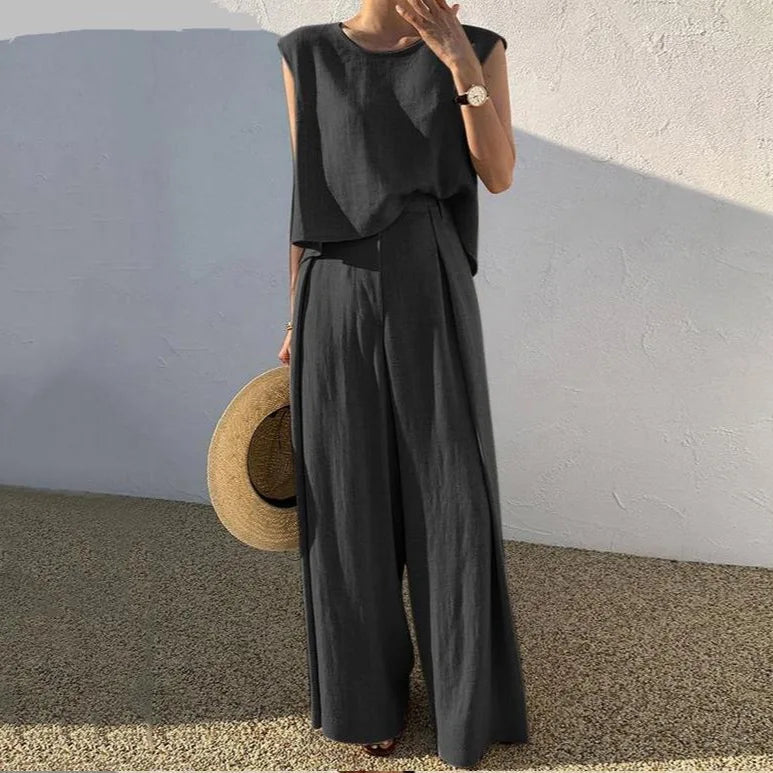 Hnewly Spring Summer Solid Color Cotton Linen Two Piece Set Women Fashion Sleeveless Tops Loose Wide Legs Pants Ladies Sets New