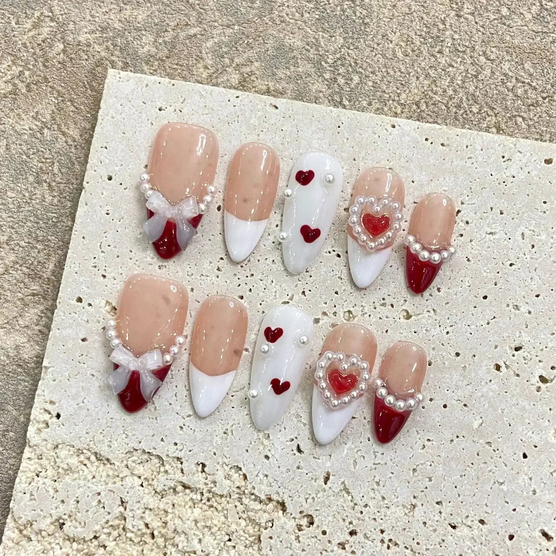 Hnewly 10Pcs Pink Handmade Press on Nails Full Cover Bow Tie Rhinestone Design French Almond Fake Nails Wearable Manicure Nail Tips Art
