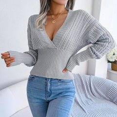 Hnewly  Plunge Knit Top for Women Long Sleeve V-Neck Crop Sweater Ribbed Waist Pullover Top Fall Winter Ladies Sexy Chic Outfit