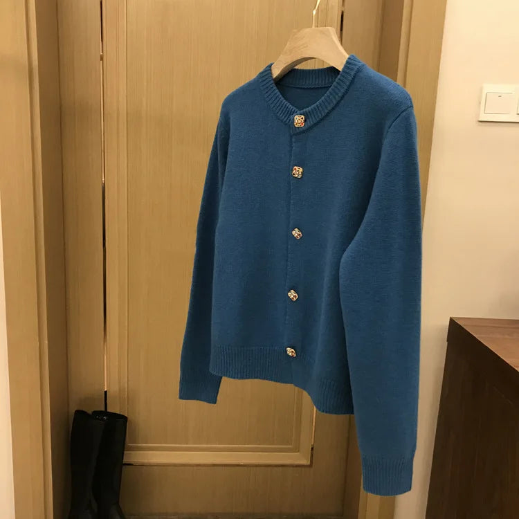 Hnewly  Solid O-Neck Sweater French Elegant Single Breasted Women's Spring Autumn Winter New Fashion All-match Long Sleeve Top Coat