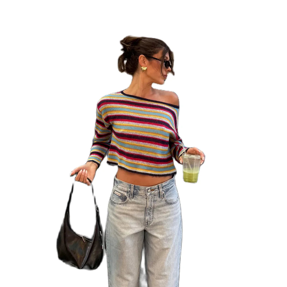 Hnewly  Combhasaki Womens Off Shoulder Knitted Top Loose Fit Casual Y2K Colorful Striped Contrast Color Long Sleeve Crop Sweater Jumpers