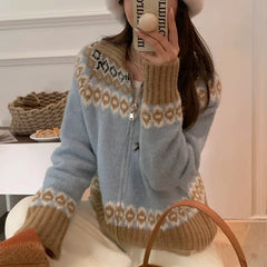 Hnewly  Zip Up Fair Isle Sweater Cardigan Thick Warm Knit Zipper Front Sweater Jacket Cozy Knitwear Teen-girl Fall Winter Vintage Outfit