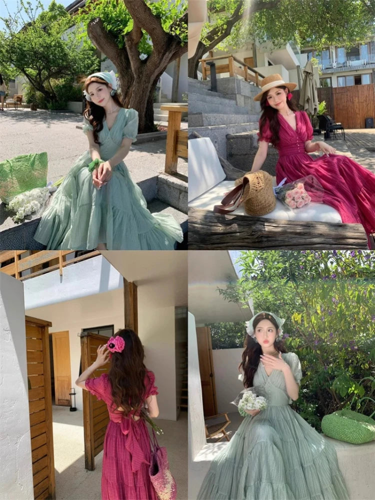 Hnewly French Elegant Evening Party Dress Women Summer Beach Style Casual V-neck Midi Dress Female Vintage Short Sleeve Korean Clothing