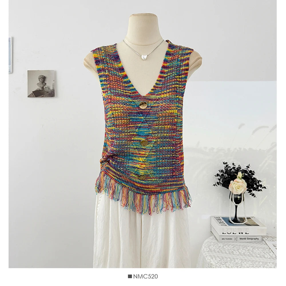 Hnewly  Retro Colored Striped Camisole Vest Women's 2025 New Summer New Sleeveless O-neck Knitted Shirt Elegant Hollow Out Short Top