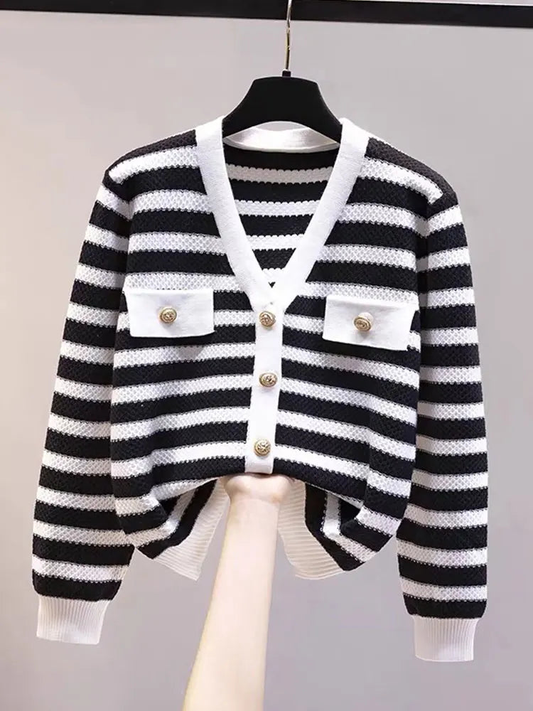 Hnewly  Elegant Striped Knit Cardigan Sweater Spring Autumn New V-neck Long Sleeved Jacket Women's Fashion Gold Button Coat Top