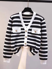 Hnewly  Elegant Striped Knit Cardigan Sweater Spring Autumn New V-neck Long Sleeved Jacket Women's Fashion Gold Button Coat Top