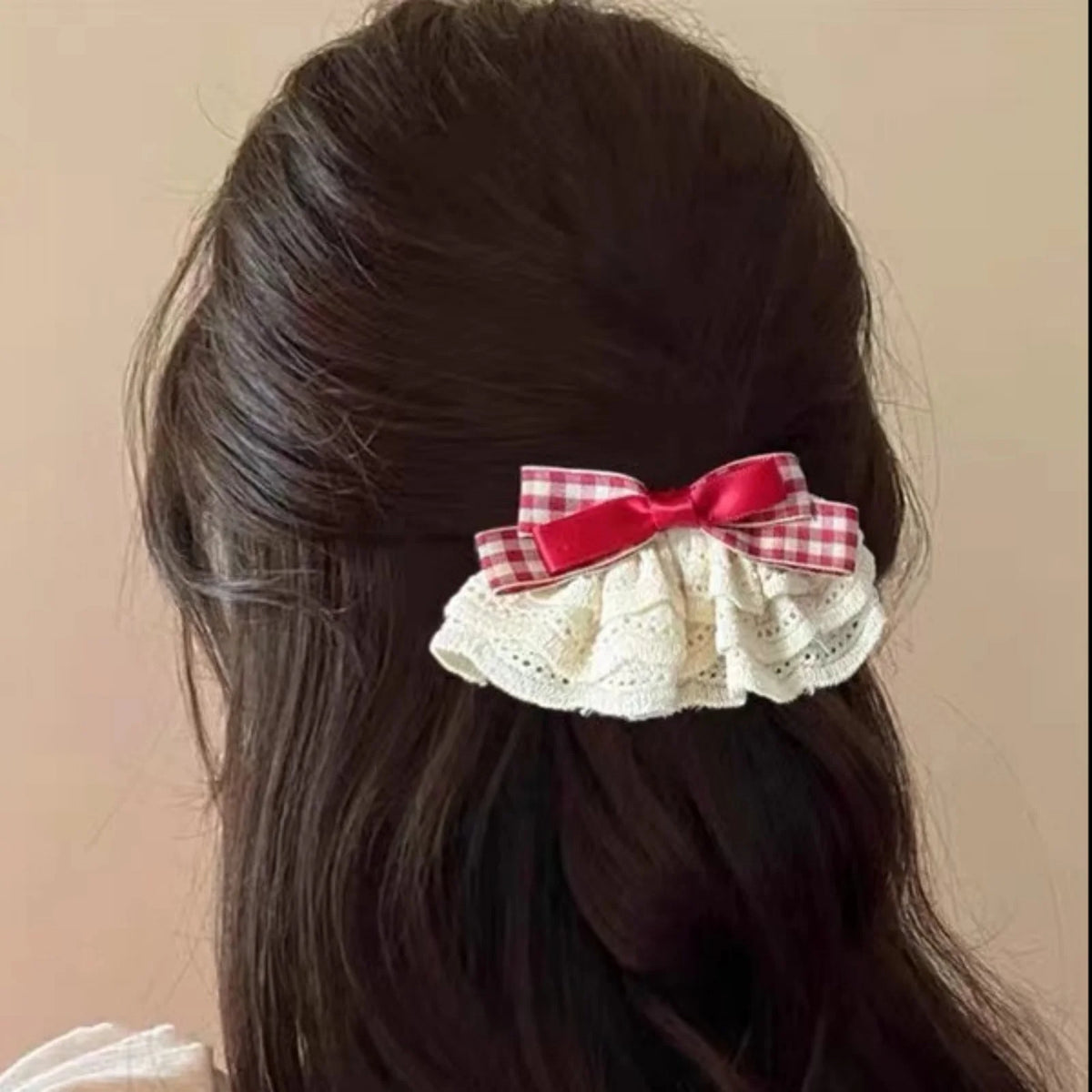 Hnewly  1pc Strawberry Jam Bowknot Ruffled Hair Clip, Sweet & Cute Lace Red Plaid Bow Hair Clip for Girls, Fashion Hair Accessory