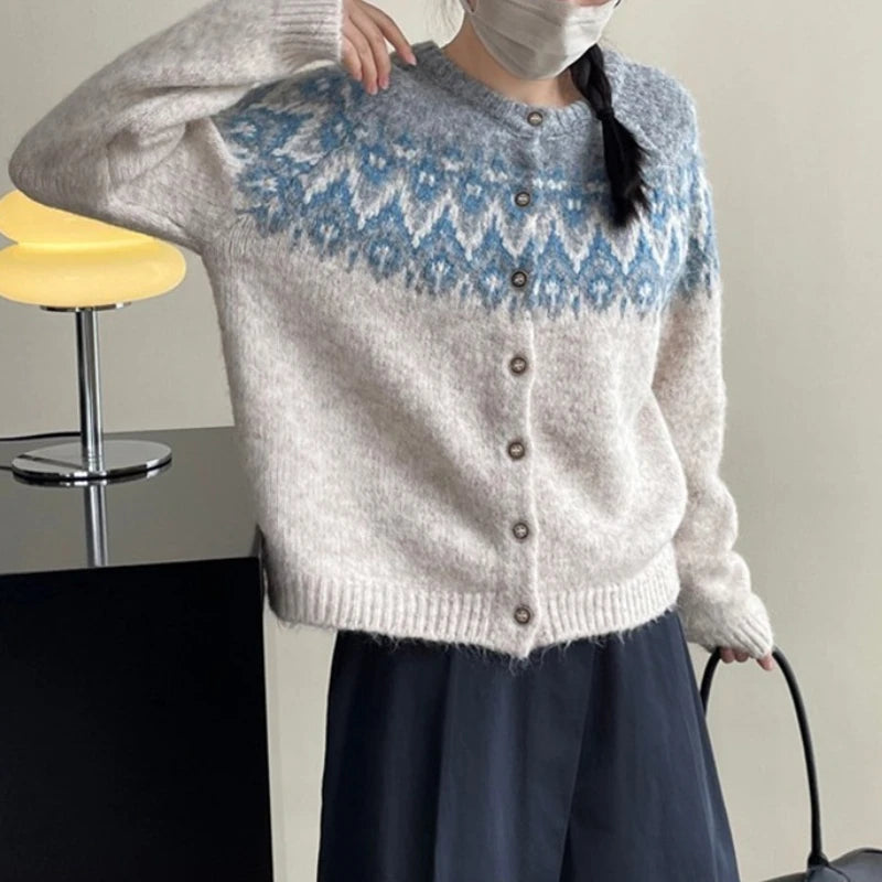 Hnewly  Vintage Fair Isle Knitted Cardigan for Women Cozy O-Neck Button Down Sweater Jacket Fall Winter Korean Style Christmas Sweater