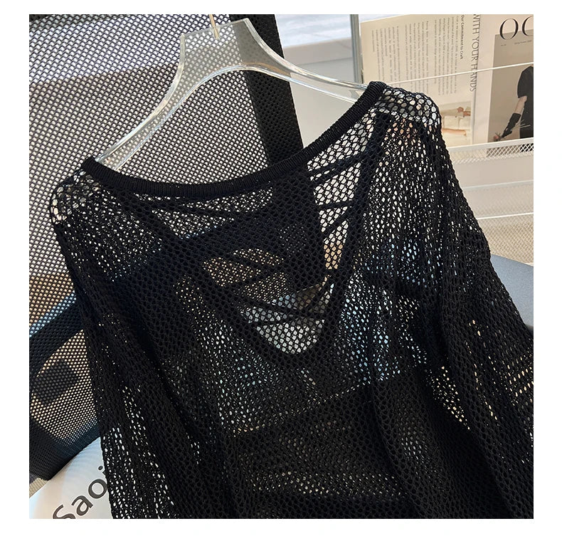 Hnewly Black White Striped Ice Silk Knitted Sweater Women Long Sleeved Loose Lazy Style Mesh Pullover Spicy Girl Hollow Out Top