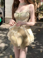 Lunivop  Summer French Sweet Dress Women Slim Waist Cinched Lace Spaghetti Strap Floral Dress Vintage Fresh Fashion Birthday Party Dress