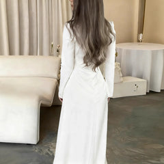 Hnewly  Square collar long sleeved new dress high waist solid color fashionable dress pleated slim fit high waist casual long dress
