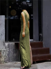 Hnewly  Polka Dot Satin Women Maxi Dress Fashion Lace Up V-neck Sleeveless Waist Cinching Slim Long Dresses Lady New Party Vestidos