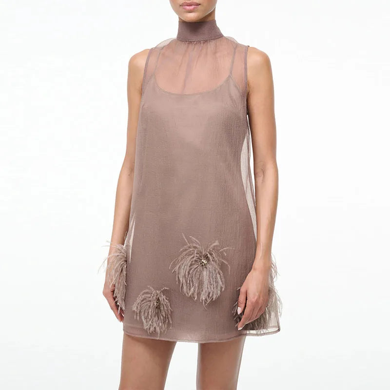 Hnewly  Fashion Patchwork High Waist Short Dress Mesh Tassel Sleeveless Women's Party Dress New Stand Collar Solid Color Mini Dress