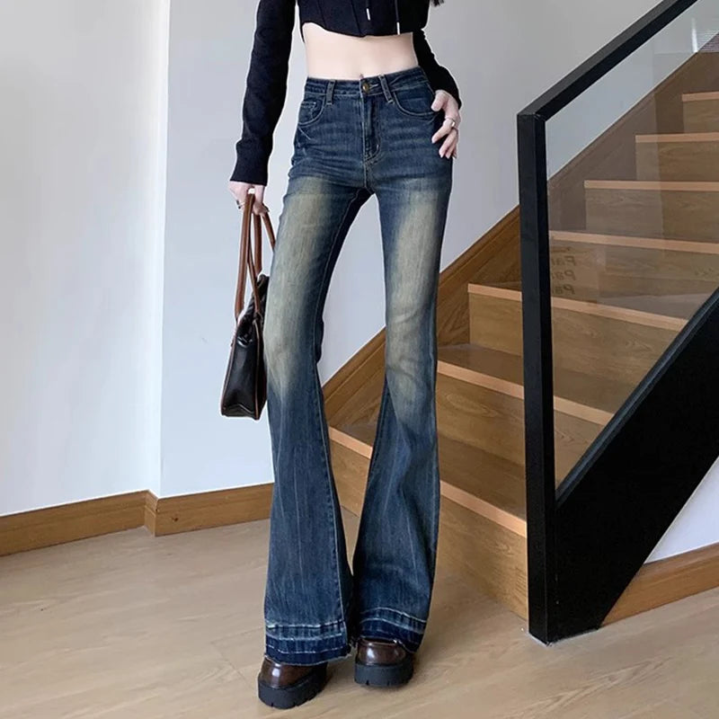 Hnewly New Women American Retro Trashy Y2k 2000s Flare Jeans Lady Elastic Slim Fit Denim Bell Bottom Pants Vintage Retro Blue Trousers