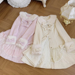 Hnewly  Japanese Cute Girls Sweet Lolita Pink Long Woolen Coats Autumn Winter New Women Sweet Elegant Bow Plush Collar Overcoats