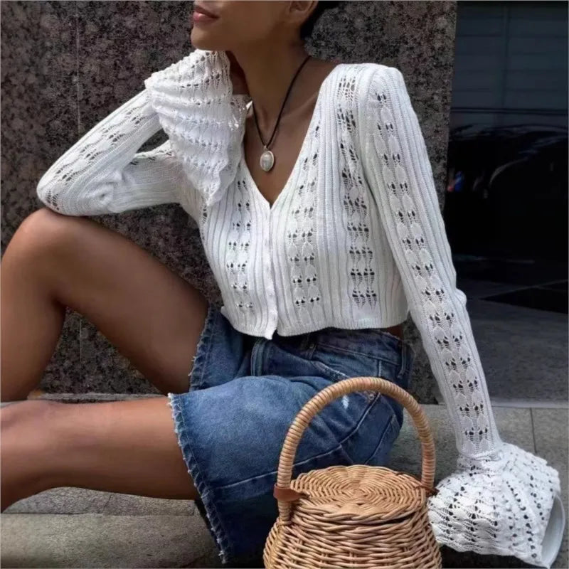 Hnewly New Knit Flare Sleeve V-neck Hollow Out Short Coat Fashion Casual Button Transparent Summer Cardigan Top Cover-up Jacket