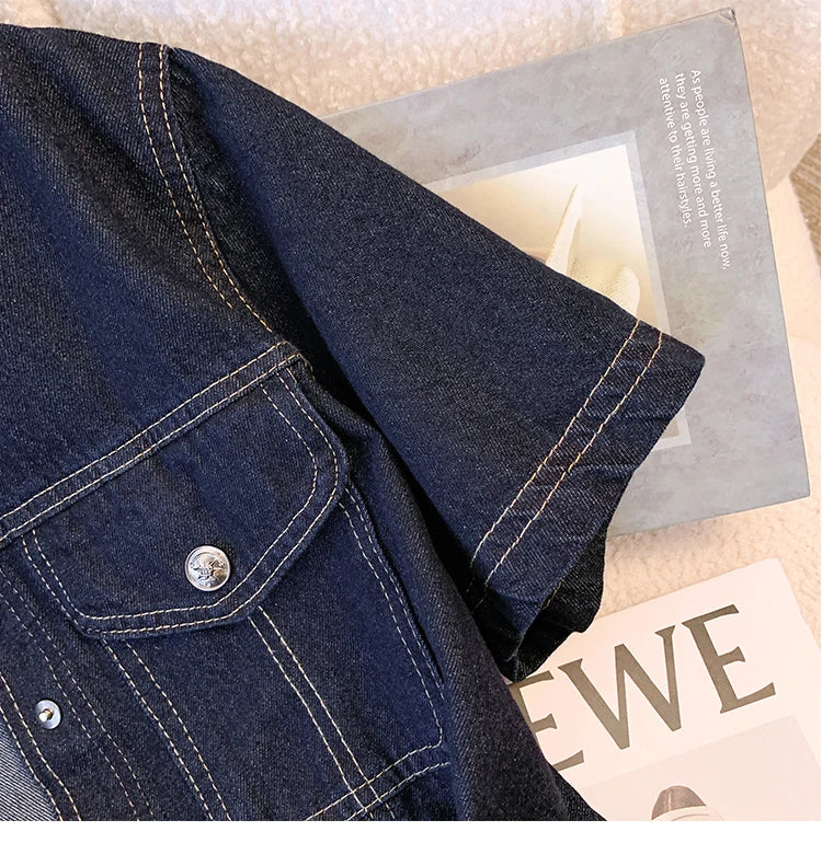 Hnewly  Deep Blue Short Sleeve Denim Jacket For Women Spring/Summer Lapel  Single Breasted Korean Loose All-Match Short Casual Top