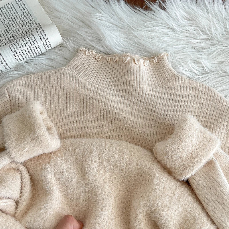 Hnewly  Lace Edge Half High Collar Sweater Autumn Winter New Women's Long Sleeve Top Warm Solid Color Slim Basic Knit Pullover