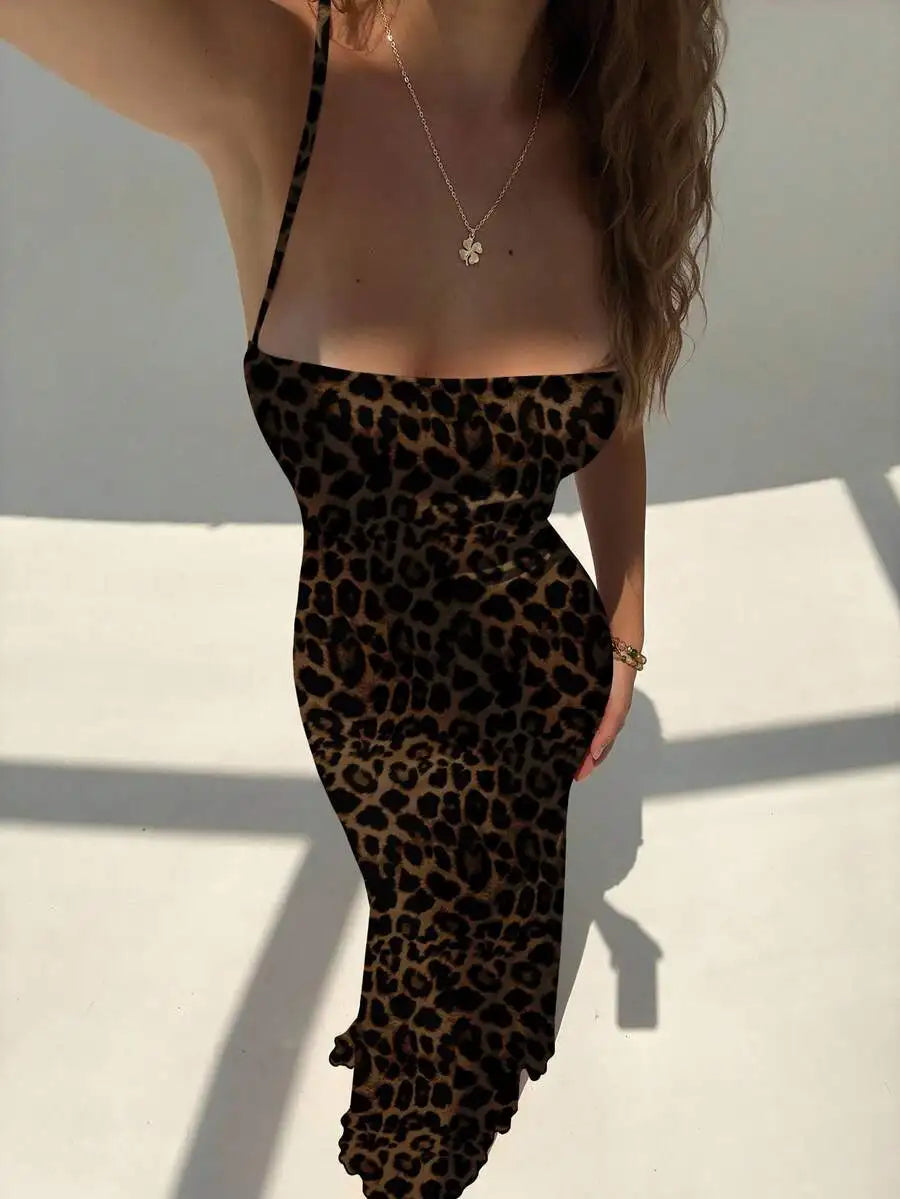 Hnewly  Womens Leopard Print Backless Halter Maxi Dress For Summer Party Holiday