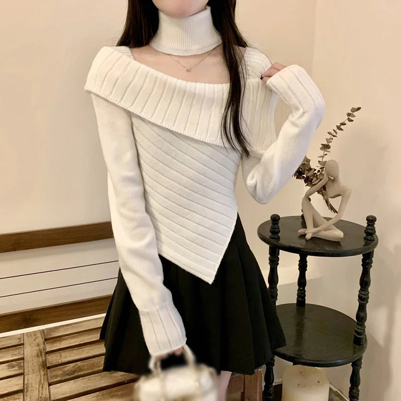 Hnewly Sweater y2k Clothes Women Coquette Off Shoulder Long Sleeve Irregular Hem Knitted Halter Tops 2000s Clothing Streetwear