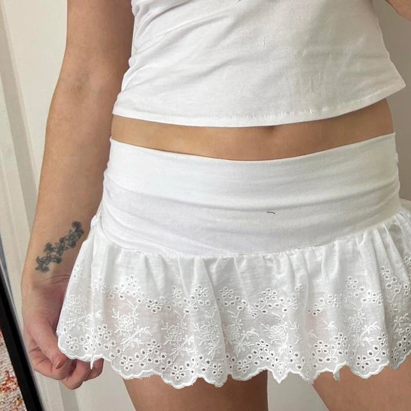 Hnewly Fairycore White Lace Pleated Skirt with Shorts Cute Coquette Low Rise Patchwork Super-short Mini Skirts Ladies y2k Summer