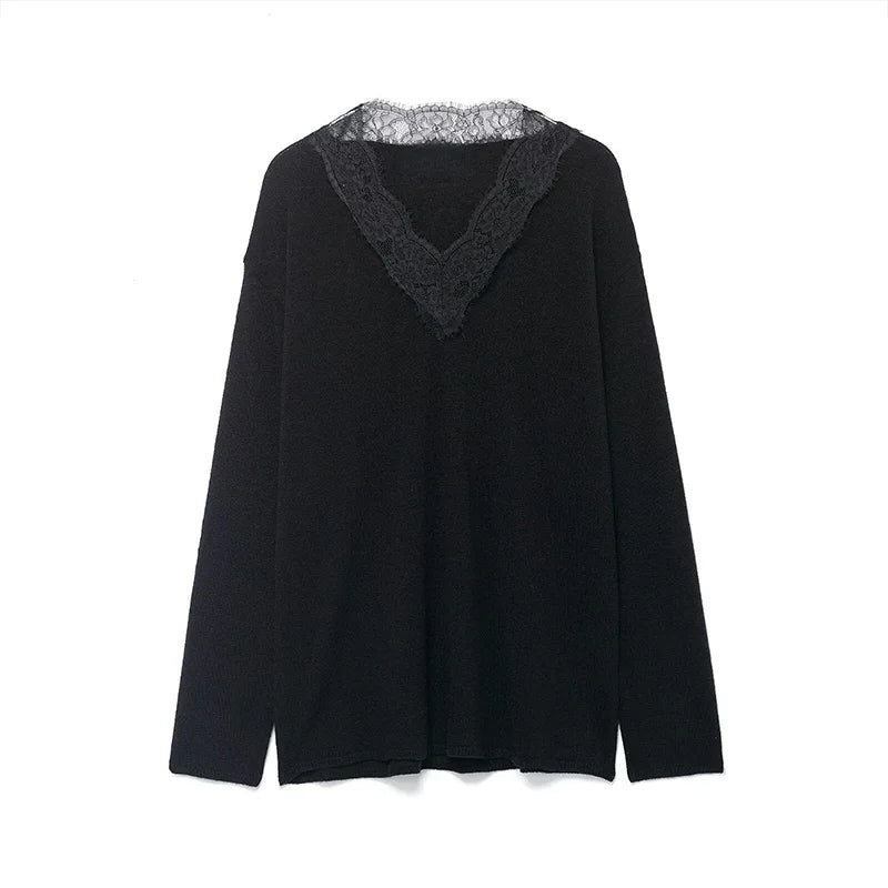 Hnewly  Casual Knitted Lace Patchwork Sweater Women Loose V Neck Full Sleeve Female Pullover Autumn Winter Lady Cozy Knitwear
