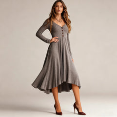 Hnewly  Women's Simple Basic Lightweight Long Sleeve V-neck Long Dress Fashion Korean Style Daily Elastic Soft and Comfortable Skirt