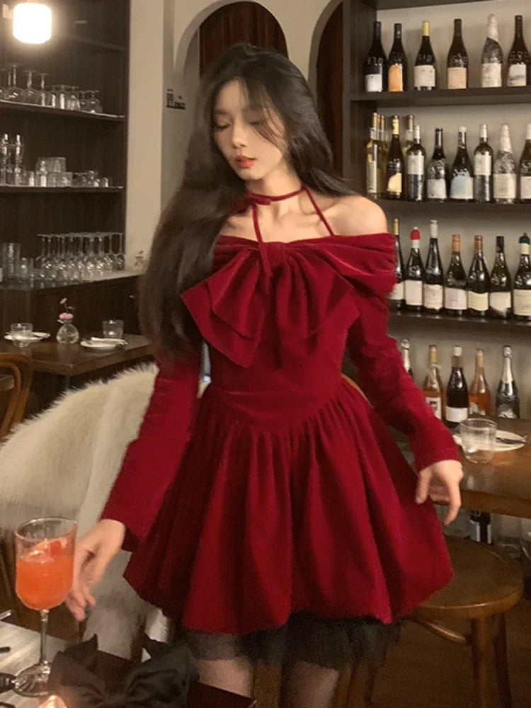 Hnewly holiday dress Winter Vintage Red Velvet Short Party Dress Woman Bow Elegant Y2k Mini Dress Lolita Kawaii One Piece Dress Korean Fashion