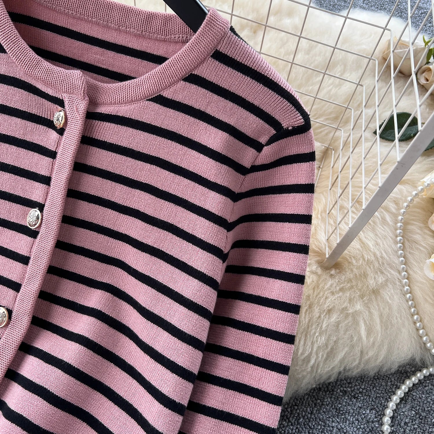 Hnewly  Elegant Knitted Set for Women's High End Versatile Round Neck Striped Knitted Cardigan+High Waist Casual Wide Leg Pants 2PCS