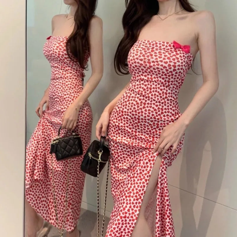 Hnewly  Woman Dress Strapless Sexy Sweet Bow Heart Printed Elegant Split Backless Temperament Party Dresses Female Fashion