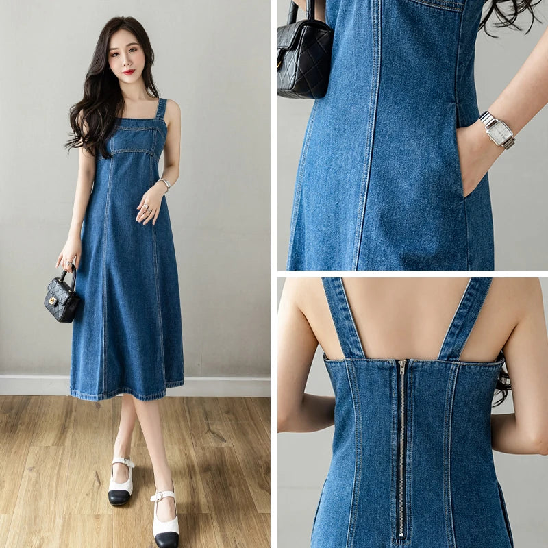 Hnewly  Denim Spaghetti Strap Dress New Summer Women's Retro Strap A-Line Dress Classic Blue Tea-Length Versatile Slim Sun Dresses