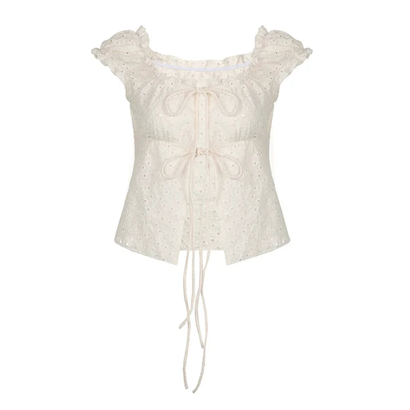 Hnewly y2k Tank Top Women Coquette Clothes Ruffle Trim Hollow Out Square Neck Sleeveless Tie Up T Shirt 2000s Vest Streetwear