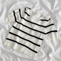 Hnewly  Vintage Stripe Knitted T-Shirt Women's Spring Summer New Fashion All-matched O- Neck Short Sleeve Slim Short Shirt Tops